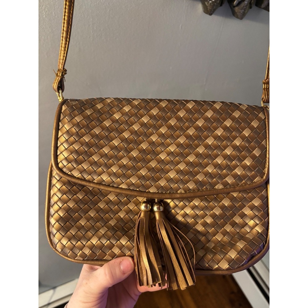 Y2K‎ Metallic Woven Crossbody Bag Gold Silver Basketweave Tassel Boho